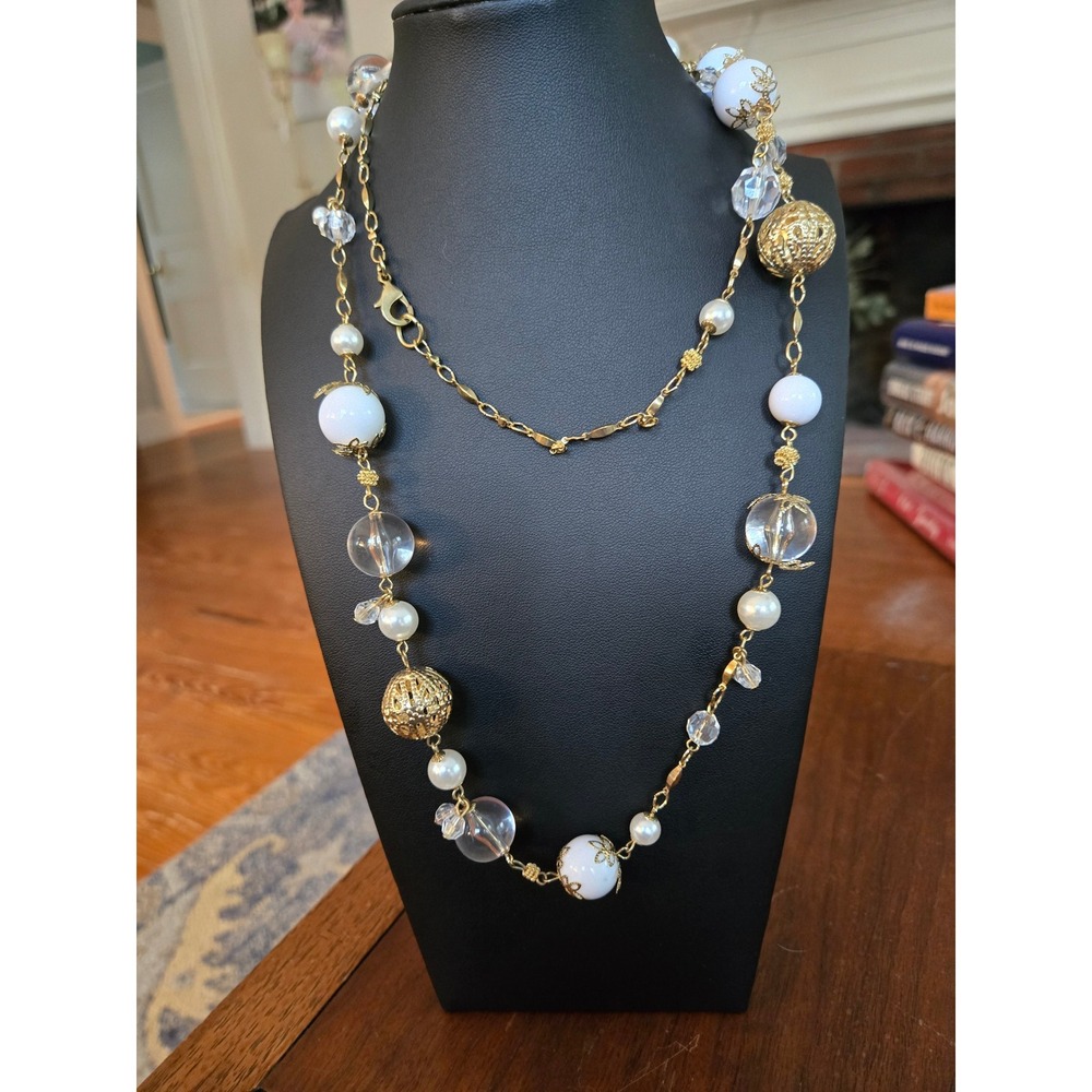 Faux Pearl Crystal Filagree  Long Necklace Vintage